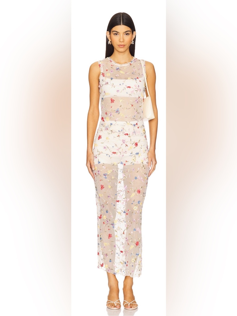 L'Academie Sheer Ivory Midi Skirt and Top with Multicolor Floral Embroidery- SET